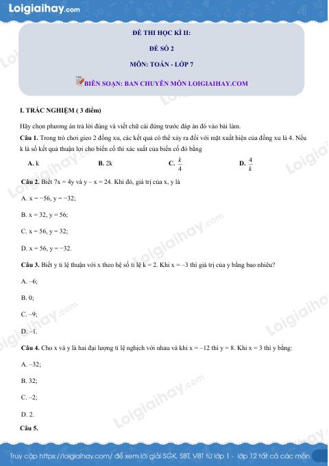 Đề thi học kì 2 Toán 7 - Đề số 2 - Chân trời sáng tạo
